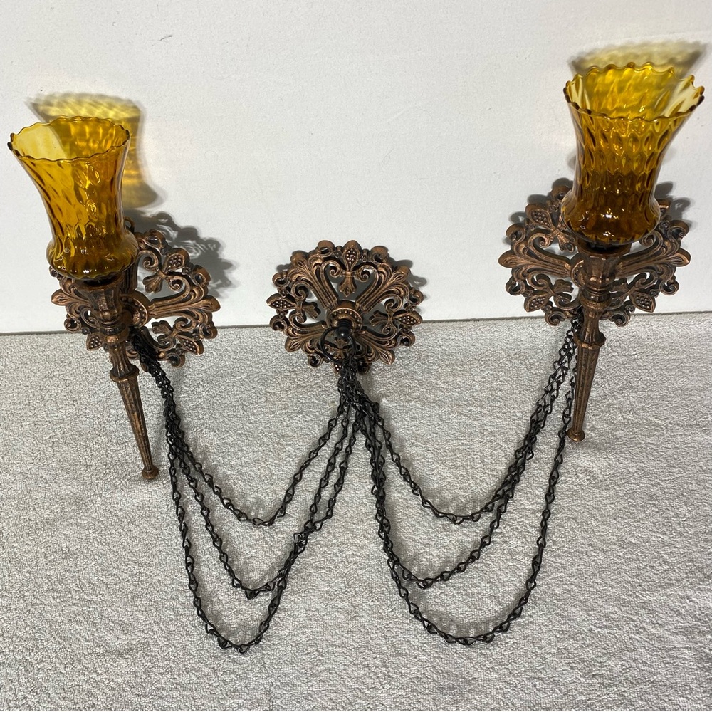Vintage ‘64 Dart Amber Glass Wall Sconces W Resin Mounts & Decorative Swag Chain